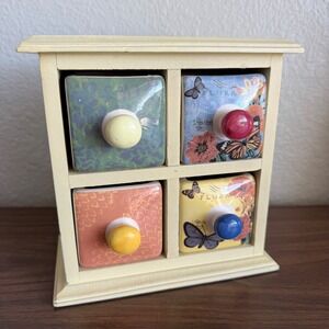 Apothecary Mini Chest 4 Ceramic Drawers Floral Butterfly Spice Jewelry Boho